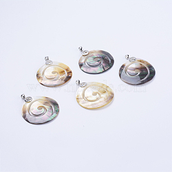 Black Lip Shell Big Pendants, with Brass Findings, Flat Round with Vortex, Platinum, 59~62x52~54x2~3mm, Hole: 5x7mm(SSHEL-F299-08P)