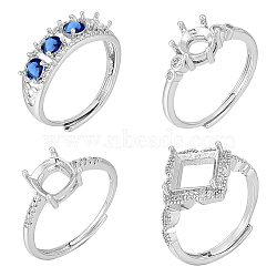 WADORN 4Pcs 4 Style Adjustable Brass Pad Ring Settings, with Clear Cubic Zirconia, Prong Ring Settings, 925 Sterling Silver Plated, 17.1~18.3mm, 1pc/style(KK-WR0001-15)