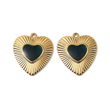 304 Stainless Steel Enamel Pendants, Heart Charms, Real 18K Gold Plated, Ion Plating(IP), Green, 26x23x3.5mm, Hole: 1.5mm