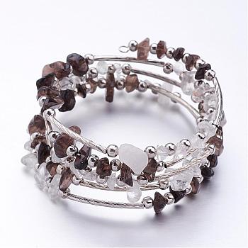 Five Loops Wrap Smoky Quartz Beads Bracelets, with Crystal Chips Beads and Iron Spacer Beads, Coffee, 2 inch(52mm)