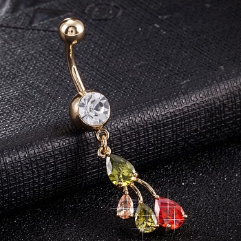 Piercing Jewelry, Brass Cubic Zirconia Navel Ring, Belly Rings, with Surgical Stainless Steel Bar, Cadmium Free & Lead Free, Real 18K Gold Plated, Colorful, 47x10mm, Bar: 15 Gauge(1.5mm), Bar Length: 3/8"(10mm)