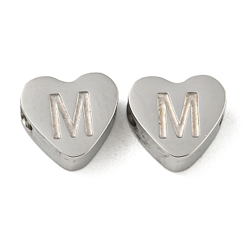 Tarnish Resistant 304 Stainless Steel Beads, Heart with Letter, Stainless Steel Color, Letter M, 7x8x3mm, Hole: 2mm