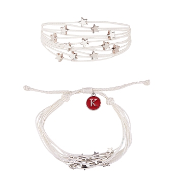 Multi String Cord Bracelet with Initial Letter K Charm, Star Adjustable Bracelet for Women, White, Inner Diameter: 1-3/4~3-1/4 inch(4.5~8.2cm)