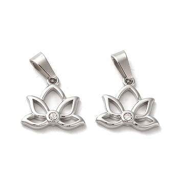 304 Stainless Steel Charms, with Crystal Rhinestone and 201 Stainless Steel Snap On Bails, Lotus Charm, Stainless Steel Color, 12x14x3mm, Hole: 3x6mm