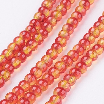Spray Painted Crackle Glass Beads Strands, Round, Two Tone, Tomato, 4mm, Hole: 1.1~1.3mm, about 200pcs/strand, 31.4 inch