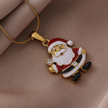 304 Stainless Steel Enamel Red Christmas Santa Claus Pendant Necklaces, Golden, 15.75 inch(40cm)