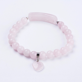 Natural Rose Quartz Stretch Bracelets, with Alloy Findings, Heart, 2-3/8 inch(61mm)
