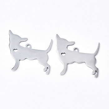 304 Stainless Steel Pendants, Laser Cut, Dog, Stainless Steel Color, 29x30x1.5mm, Hole: 2mm