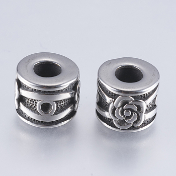 304 Stainless Steel European Beads, Large Hole Beads, Column with Flower, Antique Silver, 12x9.5mm, Hole: 5mm