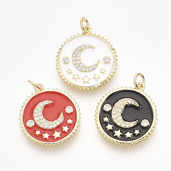 Brass Micro Pave Cubic Zirconia Pendants, with Enamel, Flat Round with Moon, Golden, Mixed Color, 22x20x2mm, Hole: 3mm, Ring: 5x1mm