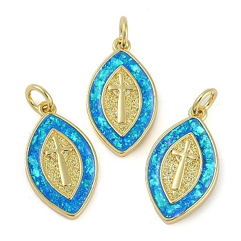 Rack Plating Brass Pendants, with Synthetic Opal, Long-Lasting Plated, Lead Free & Cadmium Free, Horse Eye with Cross Pattern, Real 18K Gold Plated, 18.8x10.5x2mm, Hole: 3mm