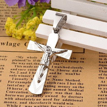 304 Stainless Steel Crucifix Cross Pendants, with 201 Stainless Steel Snap on Bails, For Easter, Stainless Steel Color, 29~30x45~48x4.5mm, Hole: 7x10mm