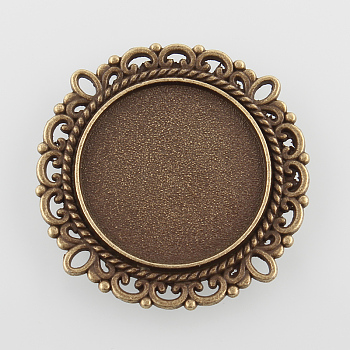 Vintage Filigree Wrap Flat Round Alloy Pendant Cabochon Settings, Cadmium Free & Nickel Free & Lead Free, Antique Bronze, Tray: 19mm, 29x2mm, Hole: 1.5x3mm, about 250pcs/kg