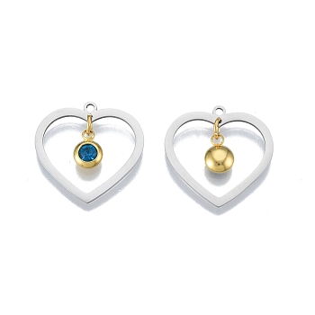 201 Stainless Steel Pendants, with Rhinestone, Heart with Flat Round, Real Gold Plated & Stainless Steel Color, Blue Zircon, 23x24x1mm, Hole: 1.6mm