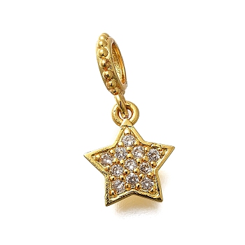 Brass Micro Pave Clear Cubic Zirconia Star European Dangle Charms, Large Hole Pendants, Cadmium Free & Lead Free, Long-Lasting Plated, Rack Plating, Golden, 19mm, Hole: 4mm