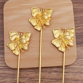 Iron Hair Stick Findings, with Alloy Enamel Settings, Double Butterfly, Golden, 146x32.5x6mm