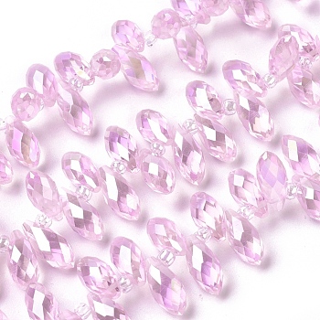 Electroplate Glass Faceted Teardrop Beads Strands, Top Drilled Beads, AB Color Plated, Pink, 11.5~13x6mm, Hole: 1mm, about 100pcs/strand, 16.5 inch