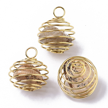 Iron Wrap-around Spiral Bead Cage Pendants, with Natural Picture Jasper Beads inside, Round, Golden, 21x24~26mm, Hole: 5mm