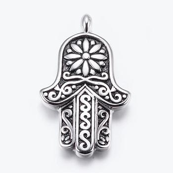 304 Stainless Steel Big Pendants, Hamsa Hand/Hand of Fatima/Hand of Miriam with Flower, Antique Silver, 70x41x7mm, Hole: 5mm