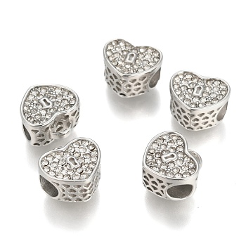 304 Stainless Steel European Beads, Large Hole Beads, with Rhinestone, Heart, Stainless Steel Color, 11x11.5x7mm, Hole: 4mm