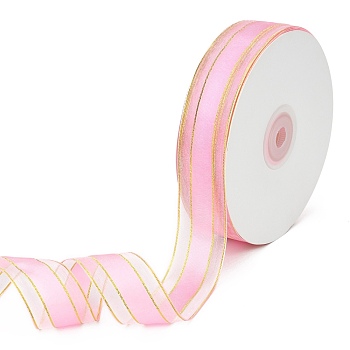 Solid Color Organza Ribbons, Golden Wired Edge Ribbon, for Party Decoration, Gift Packing, Pearl Pink, 1"(25mm), about 50yard/roll(45.72m/roll)