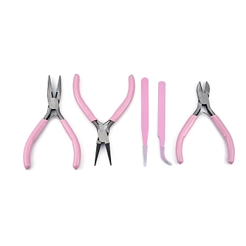 45# Steel Pliers & Tweezers Set, with Plastic Handles, including Side Cutter Pliers, Round Nose Plier, Needle Nose Wire Cutter Plier, Straight & Bent Tip Tweezers, Pearl Pink, 10.8~12.3x0.9~8x0.3~0.95cm, 5pcs/set