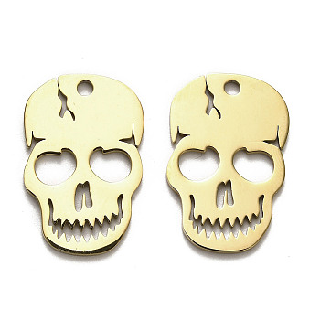 Halloween 304 Stainless Steel Pendants, Laser Cut, Skull Charm, Golden, 30x19.5x1mm, Hole: 2mm