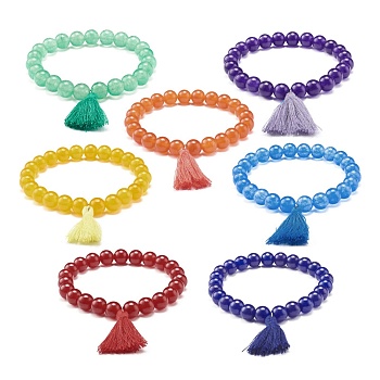 Dyed Natural Malaysia Jade Round Beads Stretch Bracelets Set, Tassel Charm Bracelet, 7 Chakra Jewelry for Her, Mixed Color, Inner Diameter: 2-1/8 inch(5.4cm), 7pcs/set