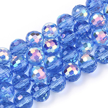 Transparent Electroplate Glass Beads Strands, Faceted, Half AB Color Plated, Round, Cornflower Blue, 8x7~7.5mm, Hole: 1.0mm, about 71~72 pcs/strand, 20.20~21.85 inch(51.3~55.5cm)