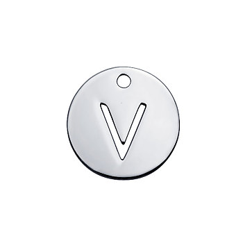 201 Stainless Steel Charms, Flat Round with Letter, Stainless Steel Color, Letter.V, 12x1mm, Hole: 1.5mm