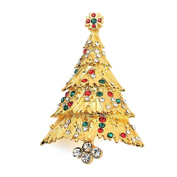 Christmas Theme Alloy Colorful Rhinestone Brooches, for Backpack Clothes, Christmas Tree, Golden, 57x40mm