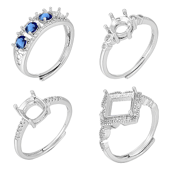 WADORN 4Pcs 4 Style Adjustable Brass Pad Ring Settings, with Clear Cubic Zirconia, Prong Ring Settings, 925 Sterling Silver Plated, 17.1~18.3mm, 1pc/style