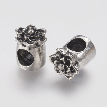 Ion Plating(IP) 304 Stainless Steel European Beads, Flower, Large Hole Beads, Antique Silver, 8x11mm, Hole: 5mm