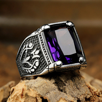 316L Stainless Steel & Cubic Zirconia Men's Vintage Carved Finger Rings, Square, Gothic Statement Rings, Antique Silver, Indigo, US Size 12(21.4mm)