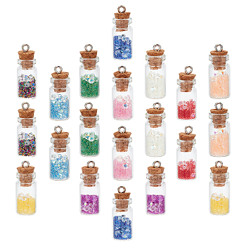 20Pcs 10 Color Glass Wishing Bottle Pendant Decorations, with Resin Rhinestone and Glass Micro Beads inside, Cork Stopper and Platinum Iron Screw Eye Pin Peg Bails, Mixed Color, 28~29x11mm, Hole: 2mm, 2pcs/color