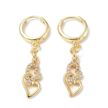 Clear Cubic Zirconia Double Heart Dangle Hoop Earrings, Rack Plating Brass Jewelry for Valentine's Day, Golden, 36mm, Pin: 0.9mm