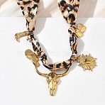 Cowboy 304 Stainless Steel & Natural Tiger Eye Cattle Heart Boot Pendant Necklaces, Leopard Print Polyester Scaft Necklaces for Women, Sandy Brown, Real 18K Gold Plated, 29.13 inch(74cm)(NJEW-F372-01G)