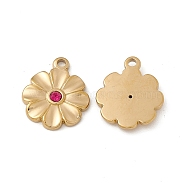 Vacuum Plating 201 Stainless Steel Pendants, with Glass, Flower Charms, Real 18K Gold Plated, Hot Pink, 18x15x2.5mm, Hole: 2mm(STAS-J401-VC774)