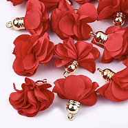 Cloth Pendants, with CCB Plastic, 6-Petal, Flower, Golden, Red, 26~27x17~28mm, Hole: 1.6mm(FIND-S300-01I)