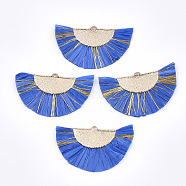 Raffia Tassel Pendants, with Metallic Cords & Brass Findings, Fan Shaped, Golden, Royal Blue, 27x45x3mm, Hole: 1x3mm(X-FIND-T026-18)
