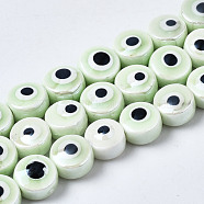Handmade Porcelain Ceramic Beads Strands, Bright Glazed Porcelain, Flat Round with Evil Eye, Honeydew, 8x5mm, Hole: 1.5mm, about 40pcs/strand, 12.01 inch(30.5cm)(PORC-T006-04R)