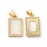 Rack Plating Brass Micro Pave Cubic Zirconia Pendants, with Shell, Long-Lasting Plated, Cadmium Free & Lead Free, Rectangle with Religion Virgin Mary Pattern Charm, Real 18K Gold Plated, 18x11.5x3.5mm, Hole: 4.2x3.5mm(KK-H436-03G)