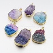 Natural Agate Crystal Electroplate Nuggets Pendants, Druzy Trimmed Stone, with Brass Findings, Mixed Color, 38~54x24~36x8~18mm, Hole: 5x8mm(G-F168-04)