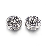 CCB Plastic Beads, Flat Round with Flower, Antique Silver, 20.5x8.5mm, Hole: 1.8mm(CCB-G010-04AS)