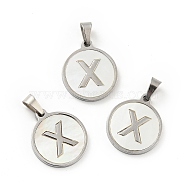 304 Stainless Steel with White Shell Pendants, Stainless Steel Color, Flat Round with Letter Charm, Letter.X, 18x16x1.5mm, Hole: 3x6mm(STAS-G268-01X-P)