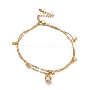 Vacuum Plating 304 Stainless Steel Cable Chains Multi-strand Anklet, Imitation Pearl Flower & 201 Stainless Steel Teardrop Charm Double Layer Anklet for Women, Golden, 8-5/8 inch(21.8cm)(AJEW-A036-11G)
