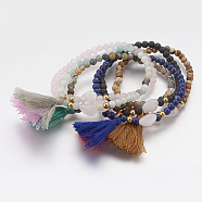 Cotton Thread Tassel Charm Bracelets, with Natural Gemstone Beads and Brass Beads, 2-1/8 inch(55mm)(BJEW-JB03544)