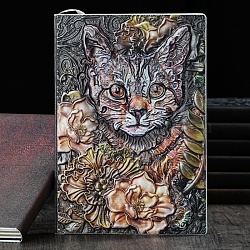 3D Embossed PU Leather Notebook, A5 Cat & Flower Pattern Journal, for School Office Supplies, Multi-color, 215x145mm(OFST-PW0009-006A)