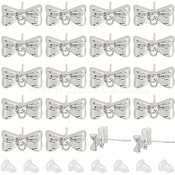 20Pcs Alloy Rhinestone Bowknot Stud Earring Findings, with Loops & 925 Sterling Silver Pins with 30pcs Plastic Ear Nuts, Silver, 8x14mm, Pin: 11x0.6mm(EJEW-SC0001-49)
