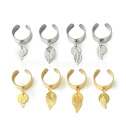 8Pcs 4 Style 304 Stainless Steel Open Cuff Finger Rings with Leaf Charms, Golden & Stainless Steel Color, Inner Diameter: 17~18mm, 2Pcs/style(RJEW-AB00008)